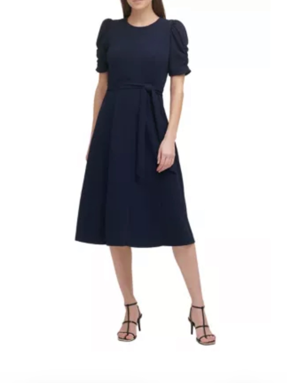 DKNY Navy Puff-Sleeve Midi Dress with Self-Tie Waist